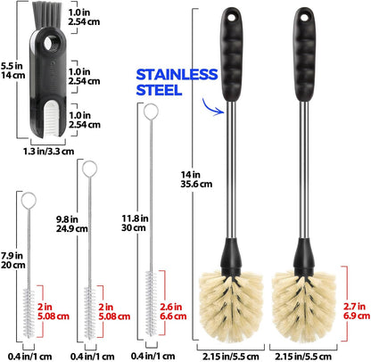 Holikme 6 Pack Bottle Brush Set, 14" Long Handle Stainless Steel Bottle Cleaner Brush, 3 Straw Brushes, 4-in-1 Bottle Cleaning Brush for Water Bottle, Antistatic Lab Brushes Straws, Black