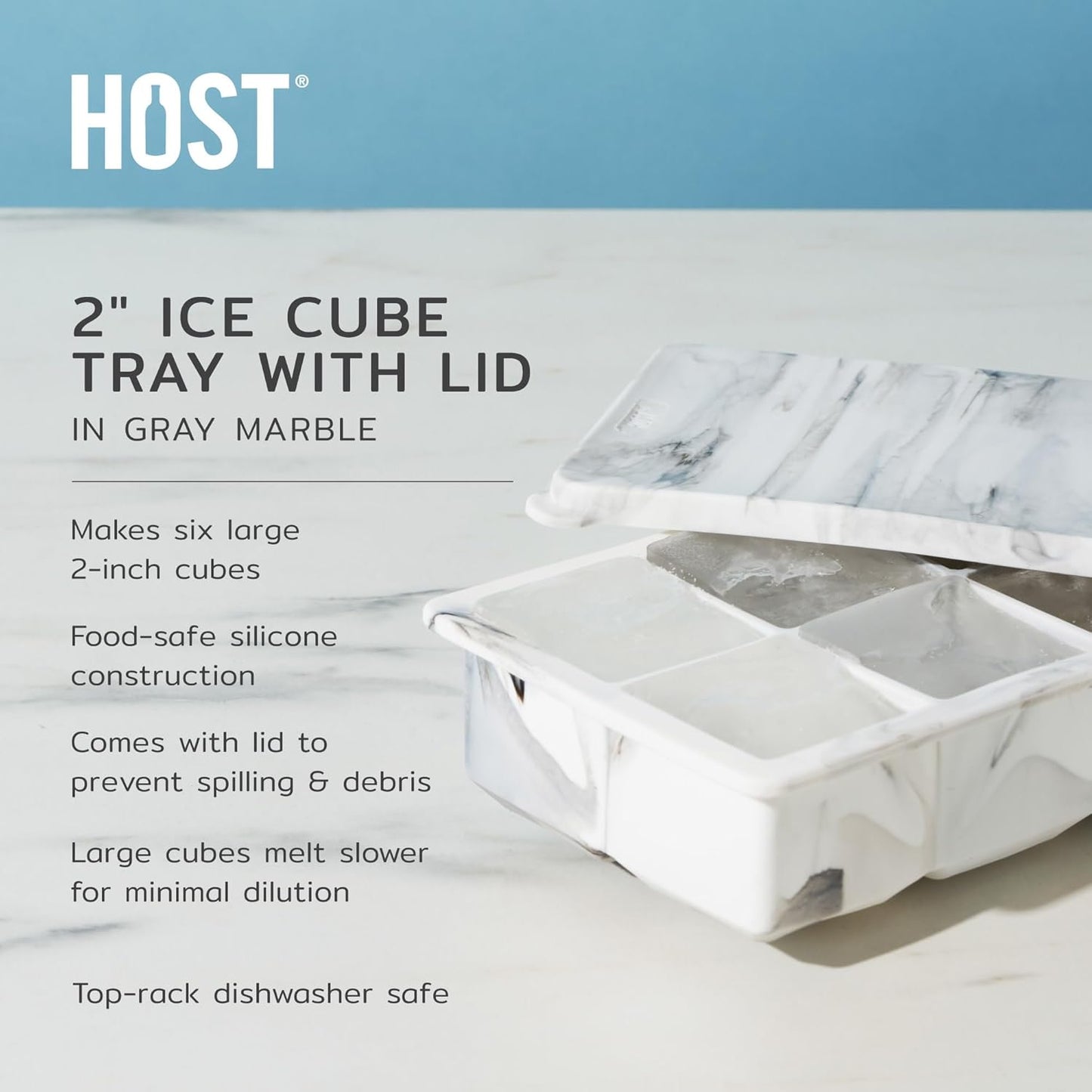 Host Ice Cube Tray, Makes Four 5-Inch Long Cubes, Durable Silicone Trays with Easy Release Design, Perfect for Water Bottles and Highball Glasses, Home Bar Accessories, Set of 1, Marble