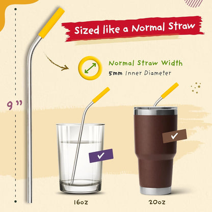 Softy Straws Premium Reusable Stainless Steel Drinking Straws With Silicone Tips + Patented Straw Cleaners and Carrying Case - 9” Long Metal With Curved Bend for 20/30/32oz Tumblers