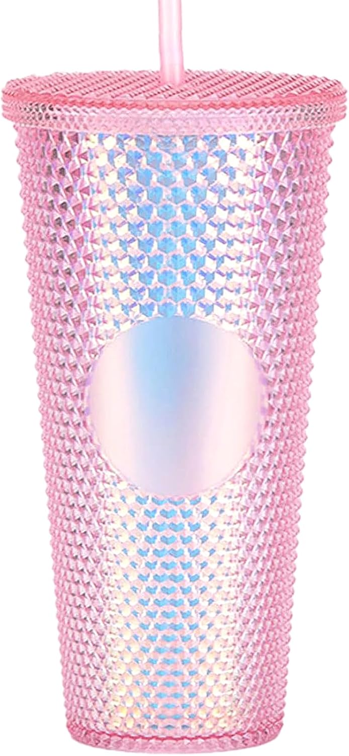 Studded Tumbler With Straw Tumblers With Lids And Straws Iridescent Blue Cups Water Cup With Straw And Lid BPA-Free Double-Wall Plastic for Iced Coffee Cups or Water 24 Oz