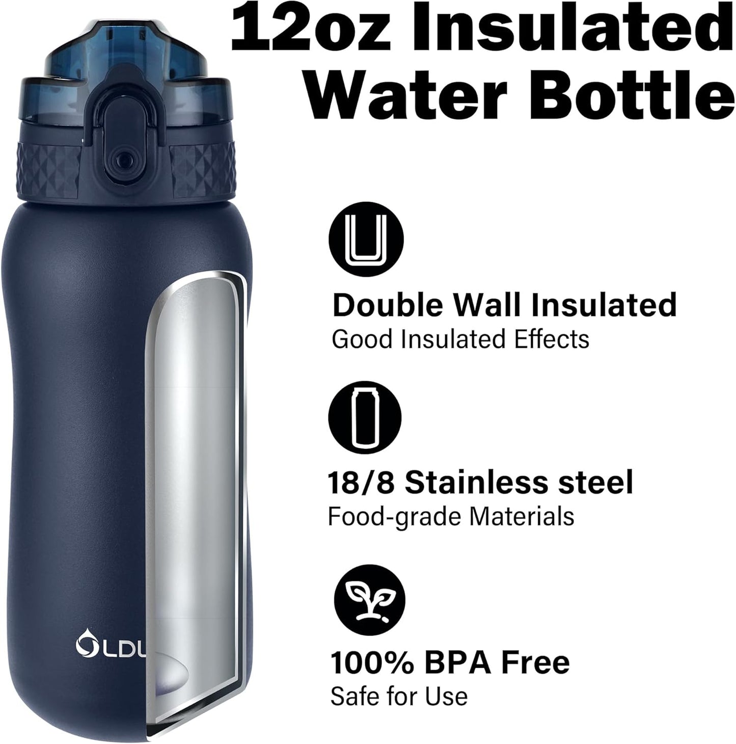 Oldley Insulated Water Bottle 20oz for Adults Kids Stainless Steel Water Bottles with Straw/Chug/Carabiner 3 Lids Fruit Strainer Double Wall Vacuum Wide Mouth BPA Free Leak-Proof for School Travel