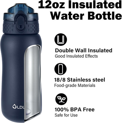 Oldley Insulated Water Bottle 20oz for Adults Kids Stainless Steel Water Bottles with Straw/Chug/Carabiner 3 Lids Fruit Strainer Double Wall Vacuum Wide Mouth BPA Free Leak-Proof for School Travel
