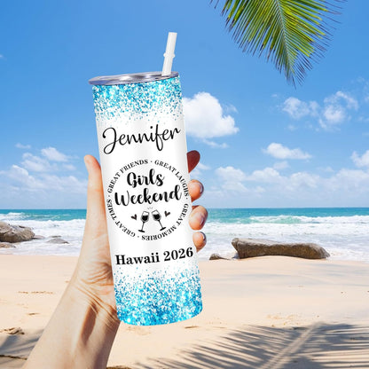 Girl Trip Gifts for Women, Personalized Girls Trip Tumblers with Name Text, Custom Beach Tumbler, Road Trips Vacation Cruise Cup with Lid and Straw, Bachelorette Party Girl Weekend Gift For Friend