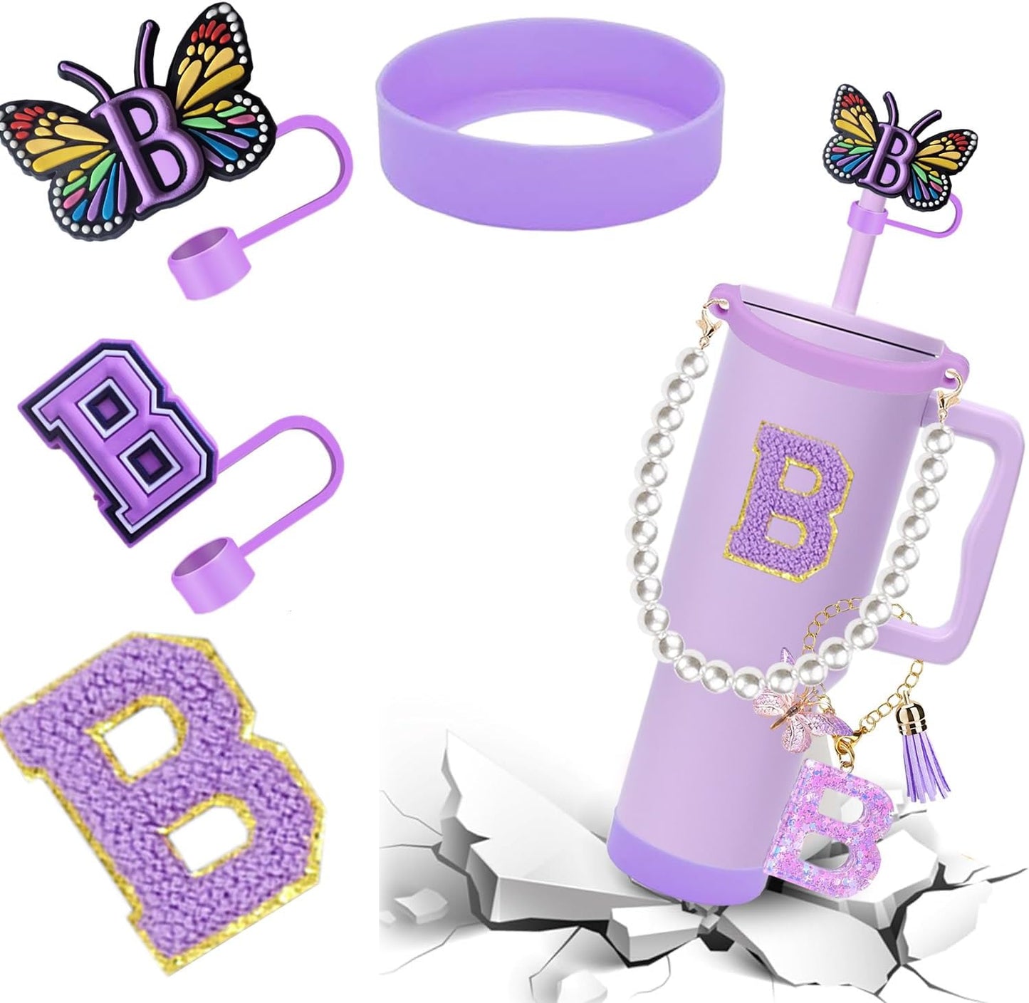 7pcs Cup Accessories for Stanley 30/40oz Tumbler, Handle Strap, Straw Cover, Silicone Boot, Letter Charm Stickers