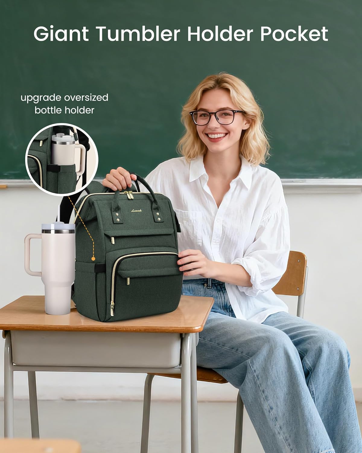 LOVEVOOK Laptop Backpack for Women with Giant Tumbler Holder Pocket,15.6 inch Waterproof Travel Backpack Purse Computer Laptop Bag,Professional Work College Nurse Teacher Backpack Casual Daypack,Black