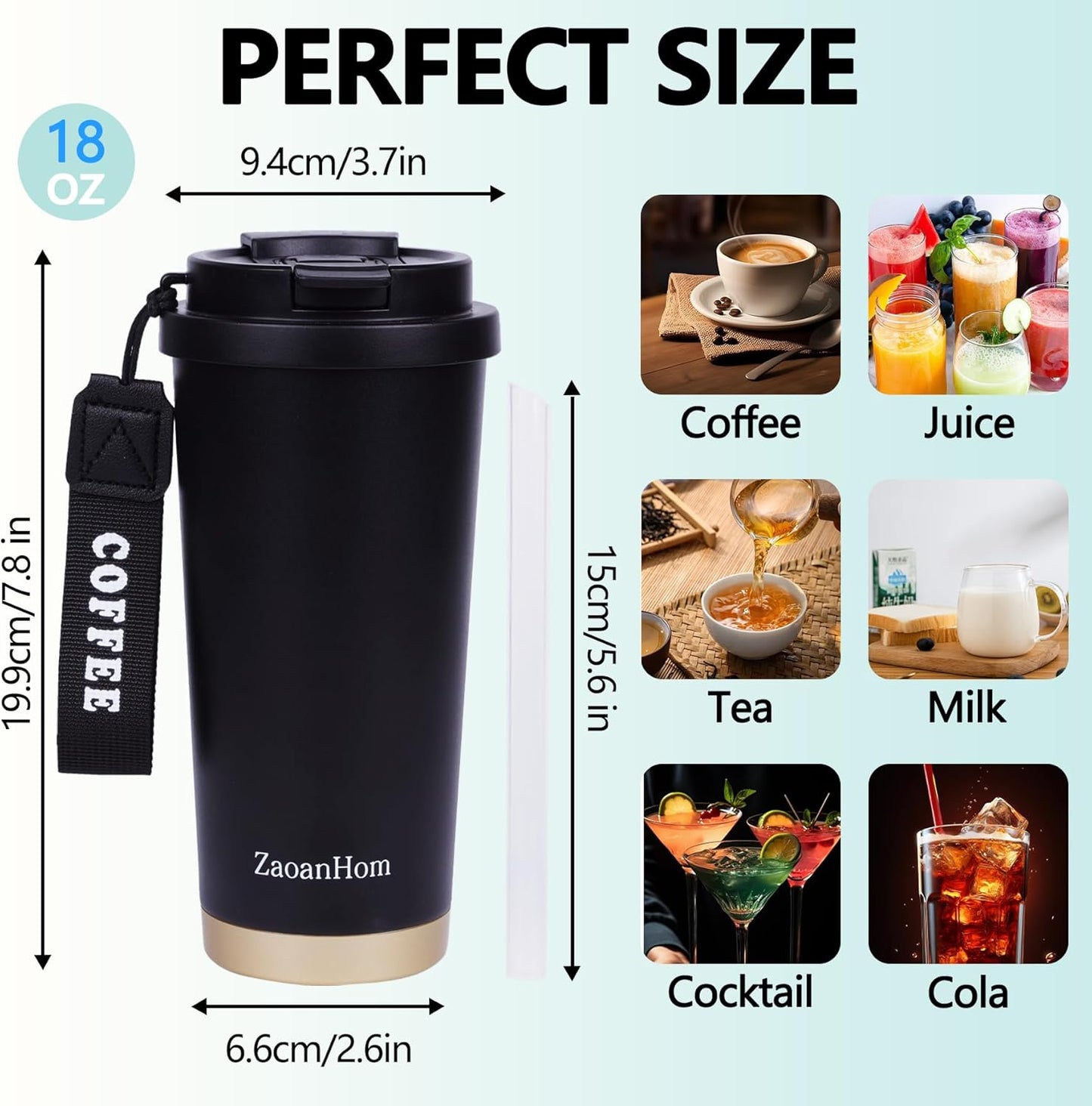 Insulated Coffee Mug with Ceramic Coating, 18 oz Ceramic Lined Travel Coffee Mug with Leakproof Lid, Double Wall Stainless Steel Hot ＆ Cold Drinking Cup for Office Camping Travel, White