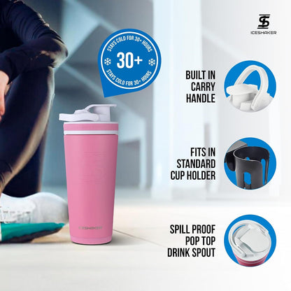 Ice Shaker Insulated Stainless Steel Shaker Bottle | 26oz, Black | Cold for 30+ Hours | Insulated Cup with Twist-on Agitator | Odor-Free Bottle for Protein Shakes, Water, Smoothies, Cocktails