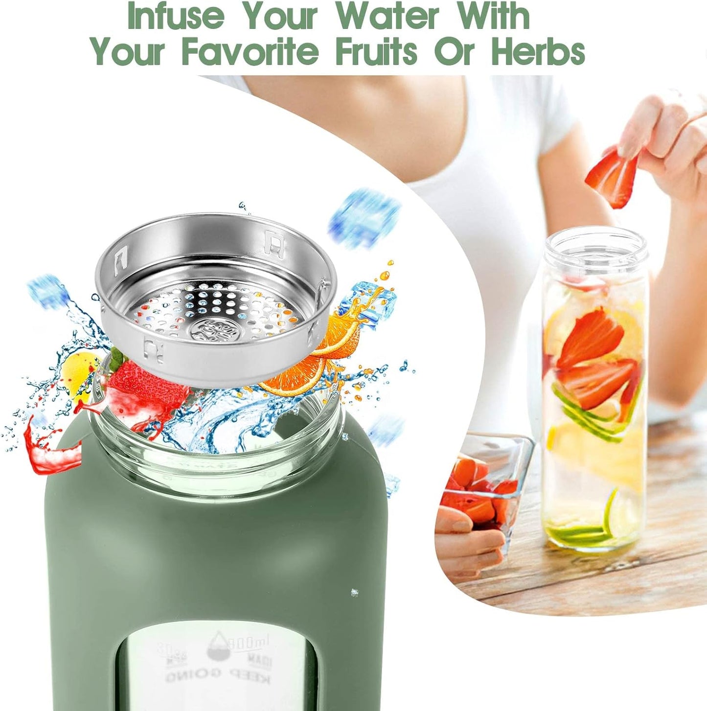 SipZest 32 oz Glass Water Bottle with Straw - Motivational Time Marker & Silicone Sleeve - Reusable Tumbler Includes 2 Bamboo Lids & Fruit Infuser - 1 Pack