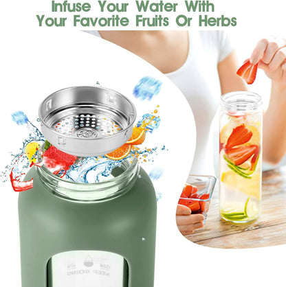 SipZest 32 oz Glass Water Bottle with Straw - Motivational Time Marker & Silicone Sleeve - Reusable Tumbler Includes 2 Bamboo Lids & Fruit Infuser - 1 Pack