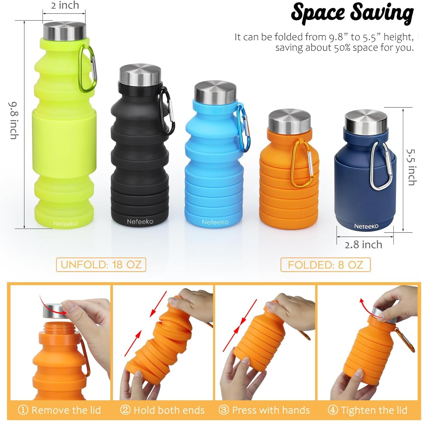 Nefeeko Collapsible Water Bottle, Reuseable BPA Free Silicone Foldable Water Bottles for Travel Gym Camping Hiking, Portable Leak Proof Sports Water Bottle with Carabiner