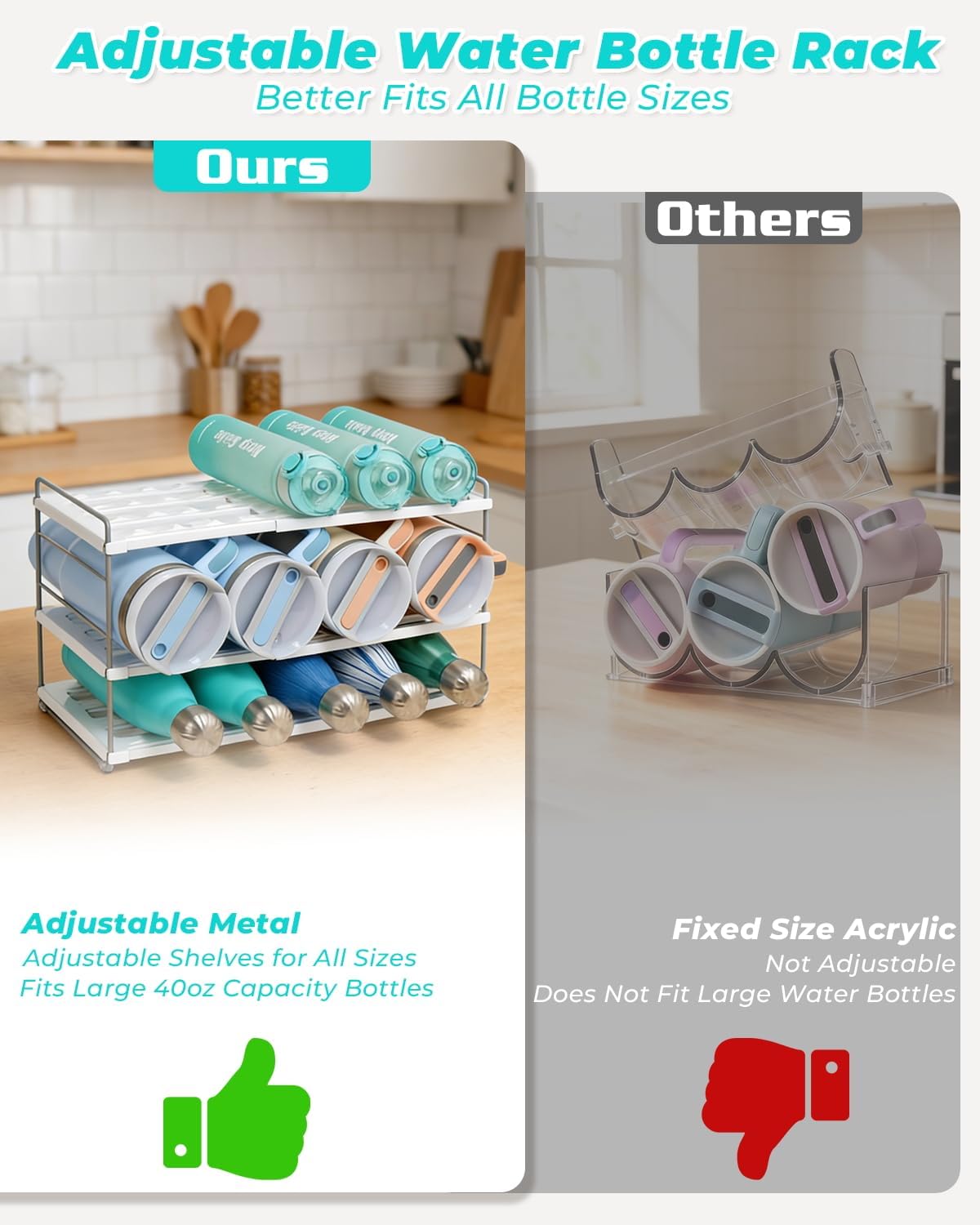 Cirhy Adjustable Water Bottle Organizer Holder for Cabinet, 3-Tier Expandable Water Bottle Storage Rack for Tumblers, Travel Mugs, and Cups – Kitchen Pantry Organization and Storage for Stanley Cups