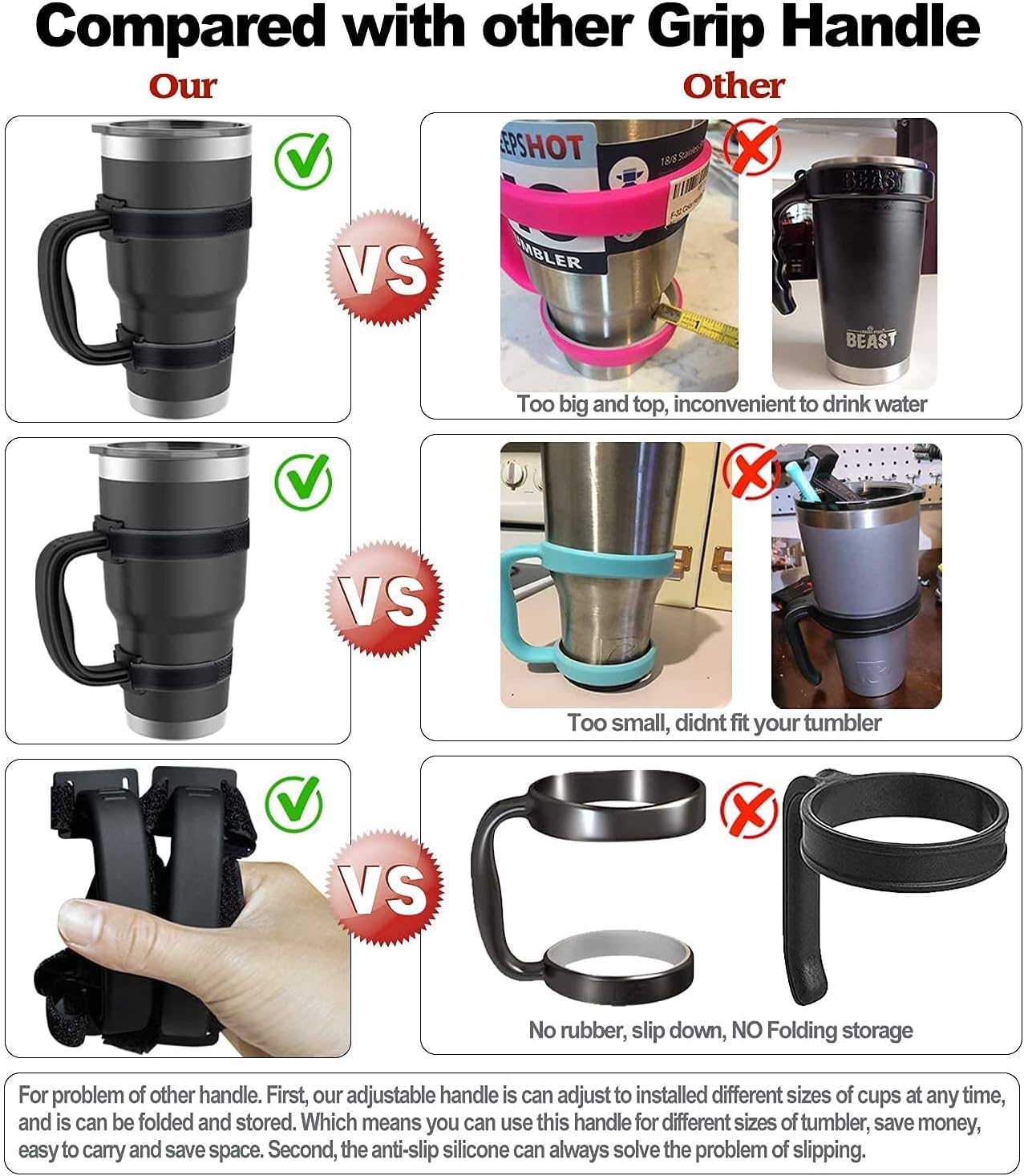 New Upgrade Anti-Slip Adjustable Tumbler Handle Fit for 20 Oz to 40 Oz All Brands Tumbler Cup of YETI, RTIC, Ozark Trail, Tervis, Corkcicle, Slm, Reduce Cold, Artic, Atlin, Bubba and SIC Etc