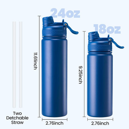 Fijinhom 18 oz Insulated Water Bottle, 2-in-1 Straw and Spout Lid Stainless Steel Thermos, Leak-Proof, Double Wall Vacuum Flask, Keep Cold 24H for Outdoor, Sports, Travel, School (Black)