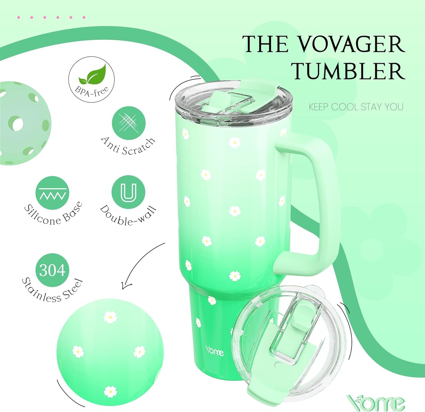YOME 40oz Nurse Tumbler with Handle and Flip Straw | Stainless Steel Insulated Water Bottle | Keeps Drinks Cold | Dishwasher Safe | Cupholder Friendly | Gift Gym Travel Yoga