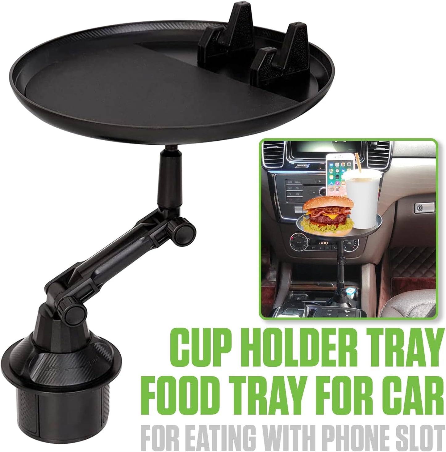 Cellet Cup Holder Tray for Car with Phone Mount – Expandable Base, 360° Rotation Food & Drink Tray with Non-Slip Surface, Adjustable Arm for Eating in Vehicle – Fits Most Standard Car Cup Holders