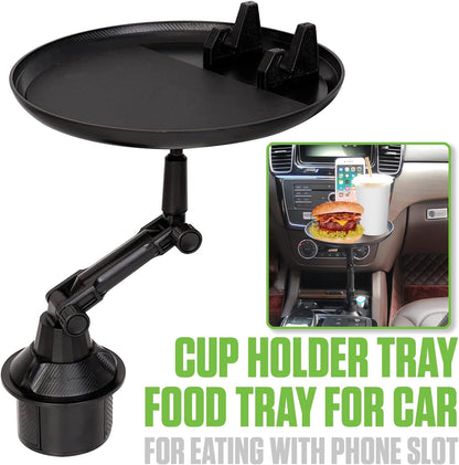 Cellet Cup Holder Tray for Car with Phone Mount – Expandable Base, 360° Rotation Food & Drink Tray with Non-Slip Surface, Adjustable Arm for Eating in Vehicle – Fits Most Standard Car Cup Holders