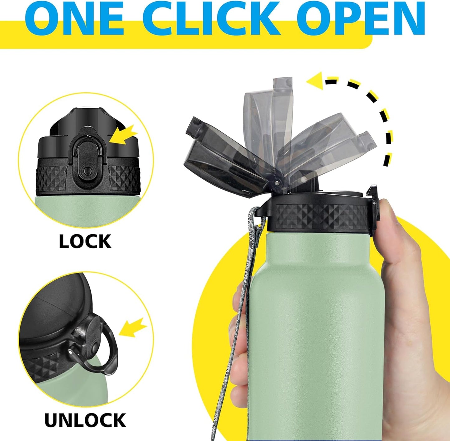 Han's Bottle Sports Water Bottle - 24 Oz, Straw Lid, Leak Proof, Vacuum Insulated Stainless Steel, Double Walled, Thermo Mug,Black