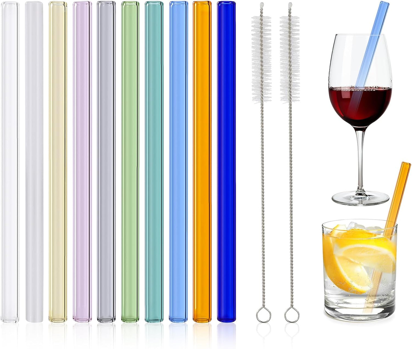 10 Pcs Reusable Bent Short Glass Straws,6''x8 mm Colorful Glass Straws Shatter Resistant with 2 Cleaner Brush for Short Tumblers,Whiskey&Cocktail Glasses Cups,Coffee Mugs