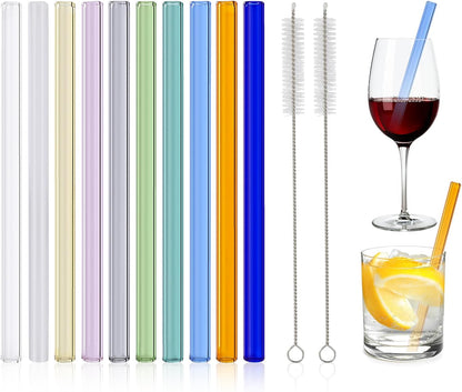 10 Pcs Reusable Bent Short Glass Straws,6''x8 mm Colorful Glass Straws Shatter Resistant with 2 Cleaner Brush for Short Tumblers,Whiskey&Cocktail Glasses Cups,Coffee Mugs