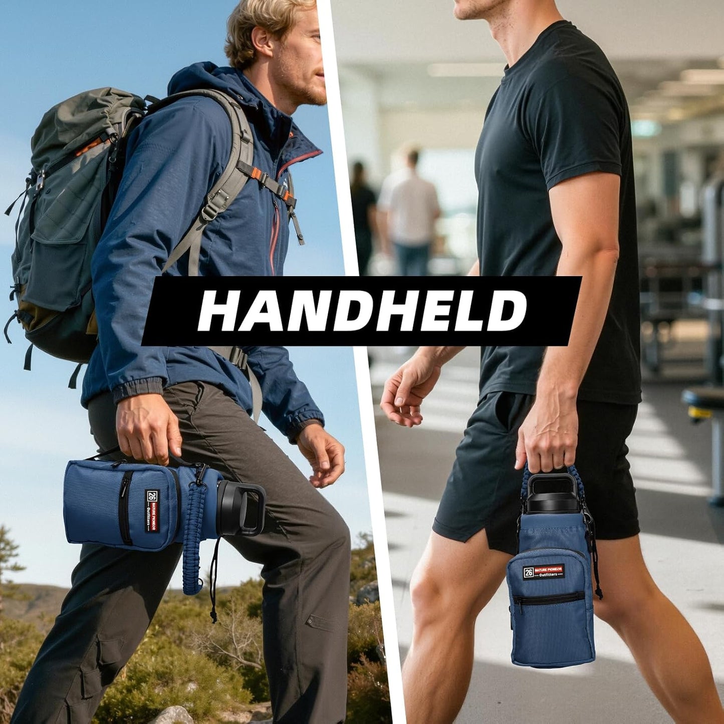 NATURE PIONEOR Water Bottle Holder with Adjustable Strap - 26/32/36/40/46/64oz Insulated Water Bottle Sling Carrier with Paracord Handle & 2 Pockets, Outdoor Sports, Hiking, Camping, Gym