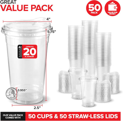 16 oz Clear Plastic Cups with Lids Disposable, Togo Drinking Cup with Strawless Sip Lid for Smoothie, Cold Brew Iced Coffee, Lemonade, Ice Latte, Boba, Party Drinks, Bulk, 16 Ounce (Set of 50)