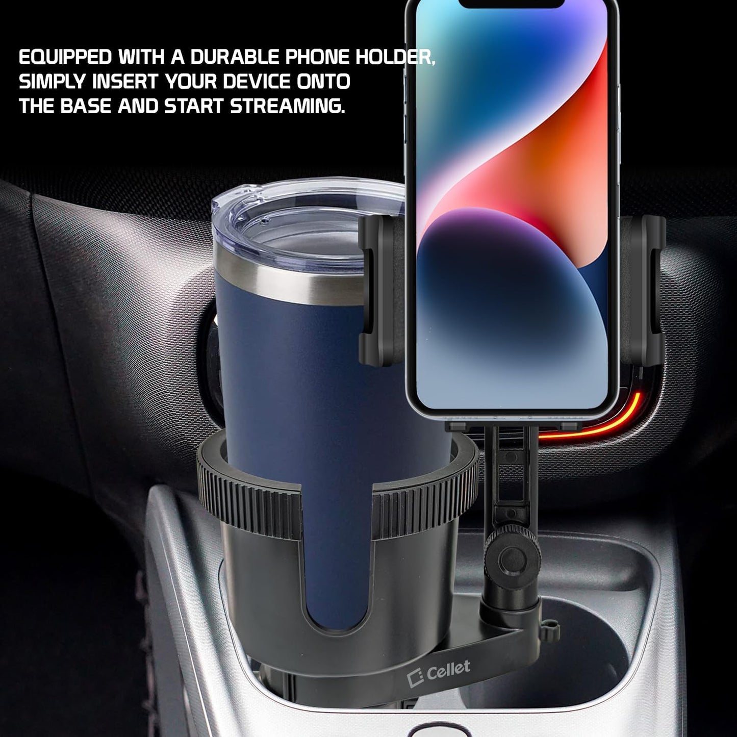 Cellet Cup Holder Tray for Car with Phone Mount – Expandable Base, 360° Rotation Food & Drink Tray with Non-Slip Surface, Adjustable Arm for Eating in Vehicle – Fits Most Standard Car Cup Holders