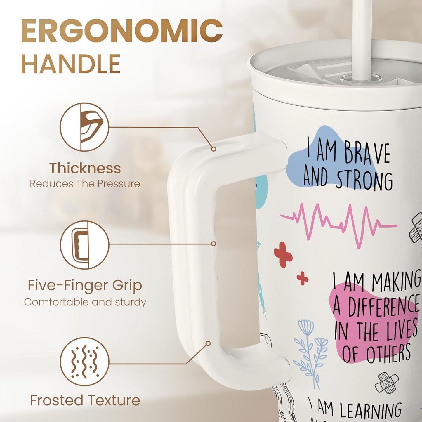 Floral Tumbler with Handle 40oz, Stainless Steel Insulated Tumblers Coffee Travel Mug Cup with Straw, Flower Coffee Cup Gifts for Women Girls, Gift for Her on Christmas Birthday Mothers Day