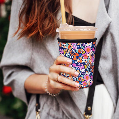 Reusable Insulated Neoprene Iced Coffee Cup Sleeve, Durable Drink Sleeve for Cold Beverages, Beverage Holder for Iced Coffee, Floral Checkers