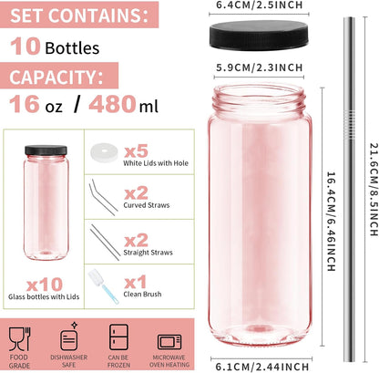 Ruckae 16oz 10 Pack Juice Bottles, Glass Bottles with Lids, Smoothie Cup Lids and Straws, Water Bottle Mason Jar Drinking Glasses for Juicing, Smoothies, Kombucha