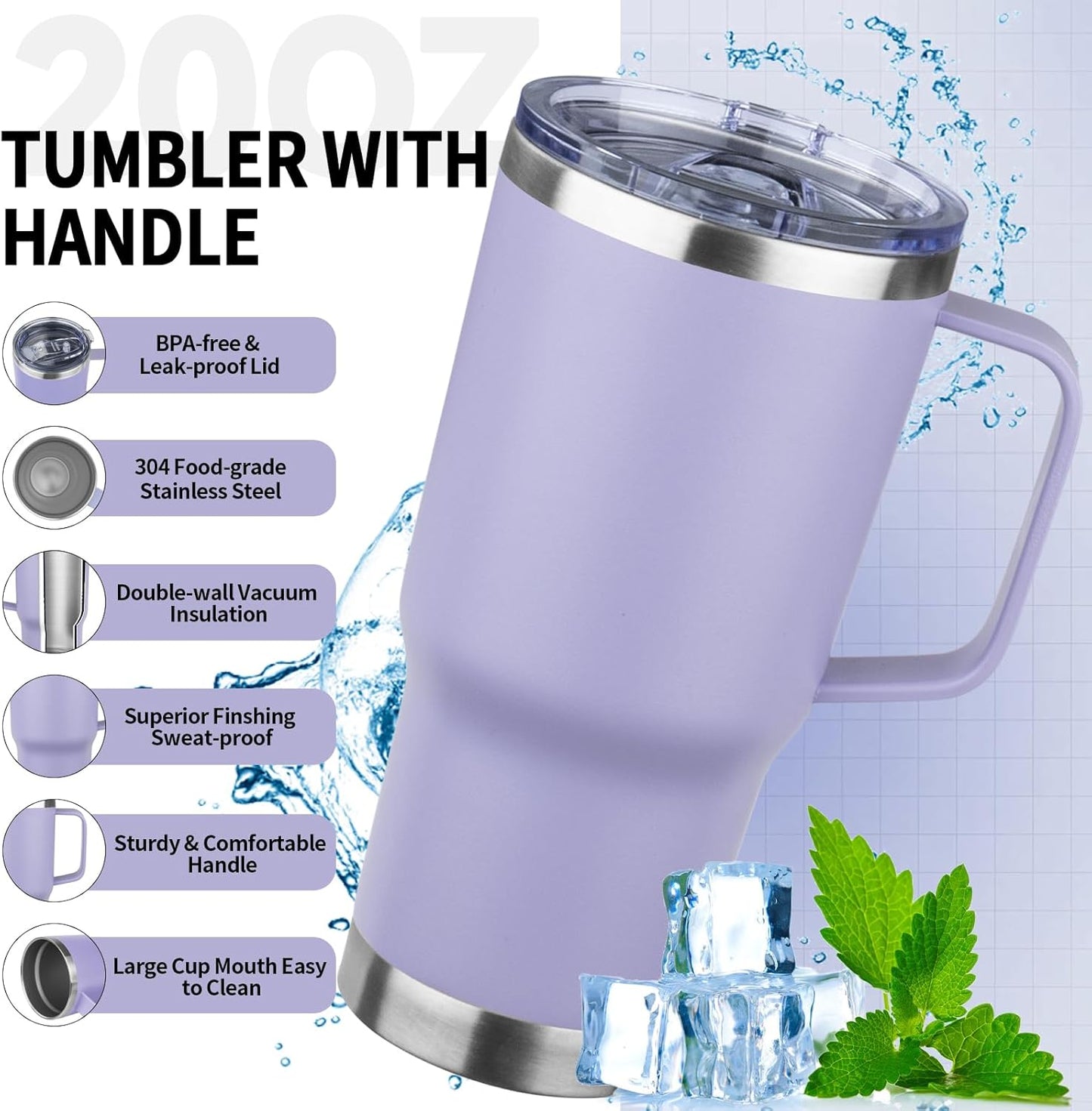 20oz Insulated Tumbler with Handle Stainless Steel Travel Coffee Mug with Lid and Straw Double Wall Vacuum Leak-proof Reusable Thermal Water Cup for Hot and Cold Drinks (Purple,1 Pack)