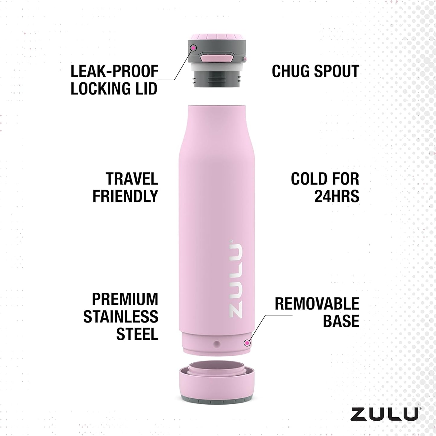 ZULU Ace Vacuum Insulated Stainless Steel Water Bottle with Chug Spout, Leak-Proof Locking Lid and Removable Base for School, Backpack, Sports, Gym, Travel