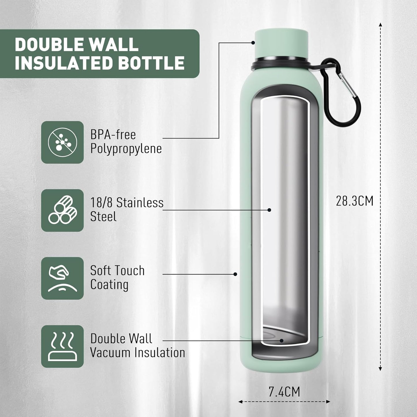Exllena Slim Insulated Water Bottles for Travel 18oz with Clip, Double Wall Vacuum Stainless Steel Water Bottle Keeps Drinks Cold 24 Hrs/Hot 12 Hrs, 100% Leakproof, BPA Free(Black)
