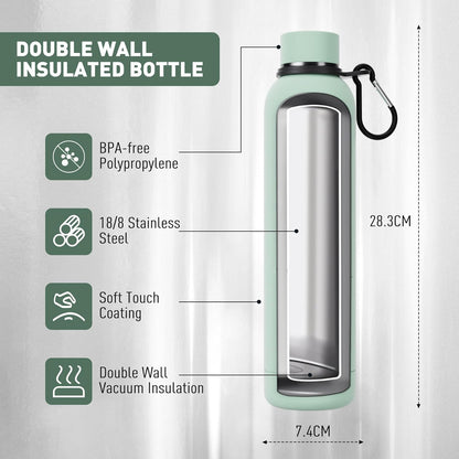 Exllena Slim Insulated Water Bottles for Travel 18oz with Clip, Double Wall Vacuum Stainless Steel Water Bottle Keeps Drinks Cold 24 Hrs/Hot 12 Hrs, 100% Leakproof, BPA Free(Black)