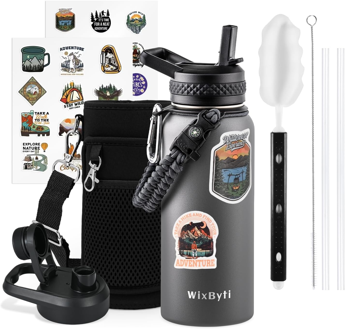 WixByti 40 oz Insulated Water Bottle with Straw (Cold for 36 Hrs), Stainless Steel Triple Wall Vacuum Sports Water Jug, Leakproof Hydro Cup Flask with Paracord Handle & Straw Spout Lids & DIY Stickers