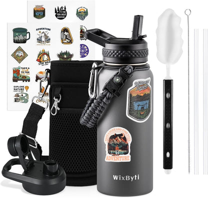 WixByti 40 oz Insulated Water Bottle with Straw (Cold for 36 Hrs), Stainless Steel Triple Wall Vacuum Sports Water Jug, Leakproof Hydro Cup Flask with Paracord Handle & Straw Spout Lids & DIY Stickers