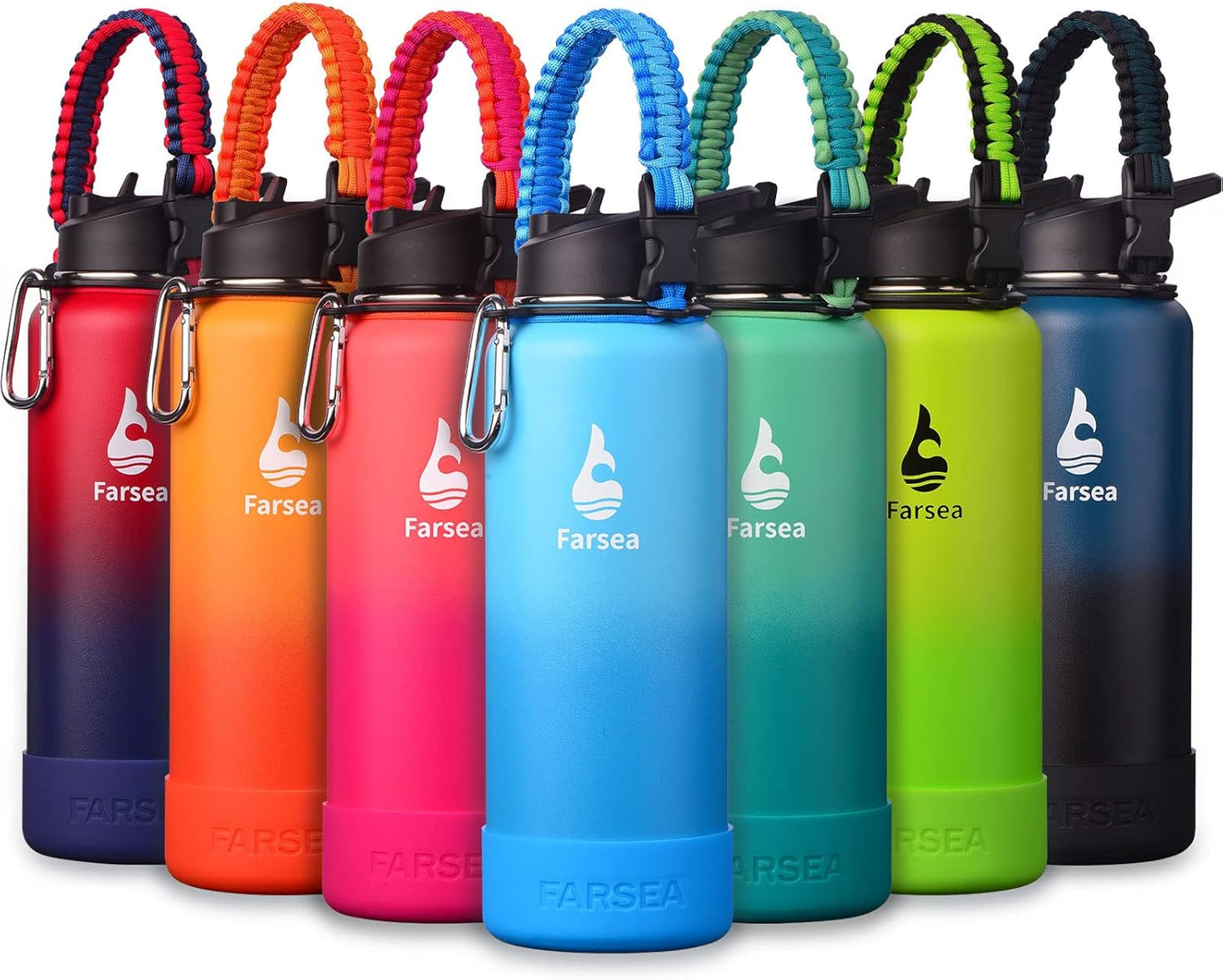 Farsea Insulated Water Bottle With Paracord Handle, Protective Silicone Boot and 2 Lids (Straw Lid & Spout Lid), Stainless Steel Water Bottle Wide Mouth, Double Wall Sweat-Proof BPA-Free, 24 oz