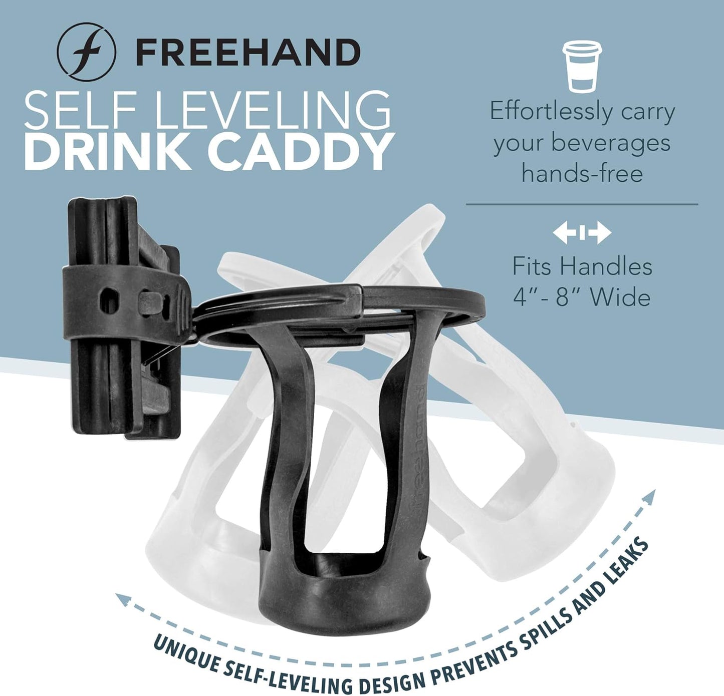Freehand Luggage Cup Holder – Self Leveling Hands Free Drink Caddy – Fits Roll On Suitcase Handles - Holds 8 – 24 Ounce Coffee Cups or Up to 1 Liter Water Bottles Black