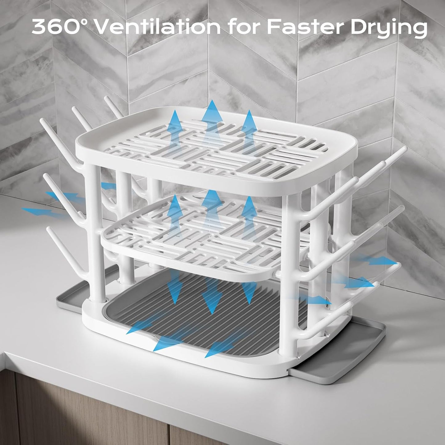 Baby Bottle Drying Rack,3-Tier Large Capacity Countertop Organizer with 360° Ventilation, Removable Drip Tray, Non-Slip Base – Easy to Clean Bottle Holder for Baby Accessories