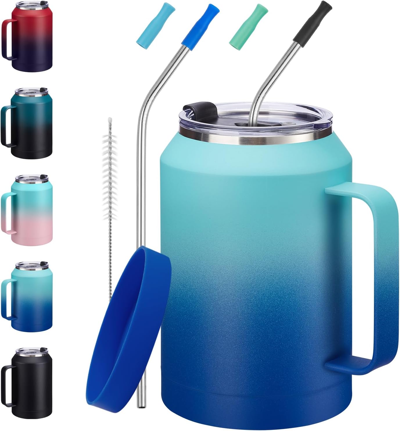 50 oz Insulated Tumbler with Handle and Straw - Stainless Steel Double Wall Coffee Mug, 2-in-1 Lid Metal Water Bottle, 36H Cold 24H Hot Travel Hydro Cup Jug with Silicone Boot