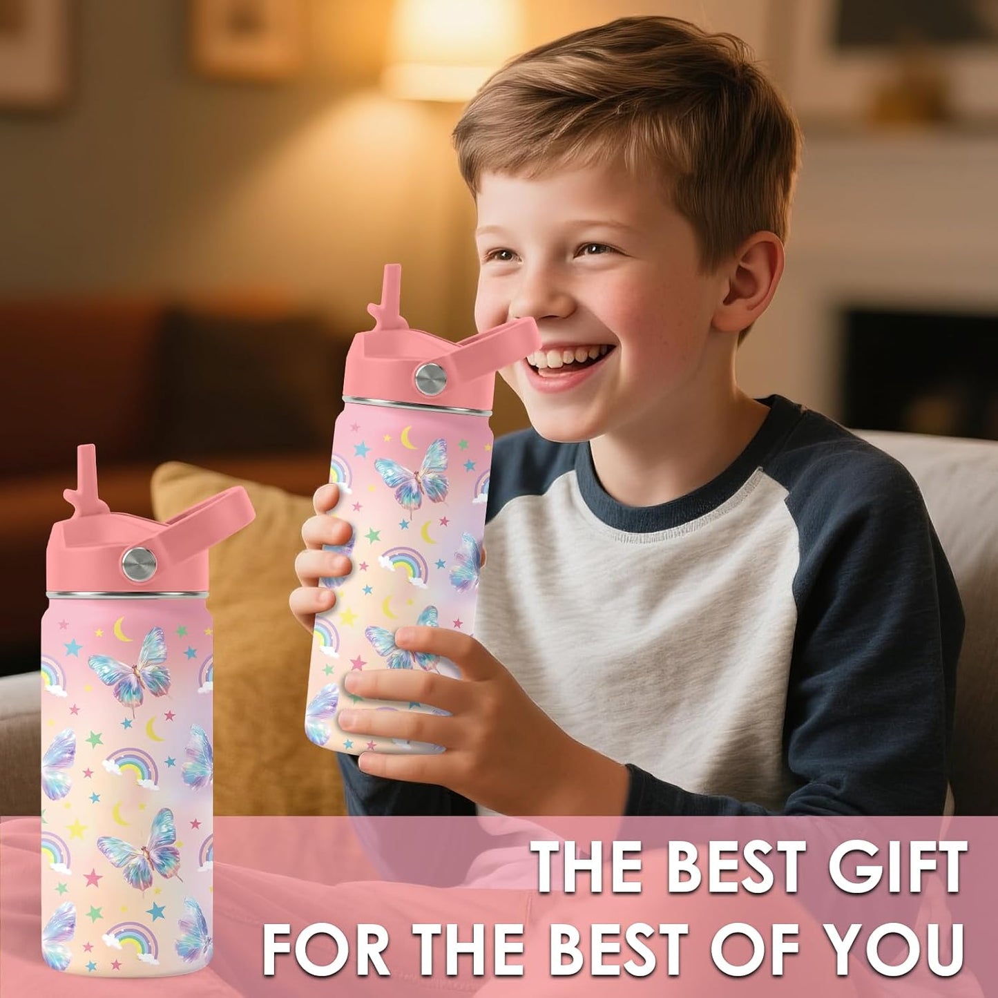 Strawberry Gifts for Kids - 16oz Pink Kids Water Bottle with Straw Lid, Stainless Steel Insulated Water Bottle, Leakproof, BPA-Free, for Girls, School, Strawberry Lover Children Birthday Gift Cup(1pc)