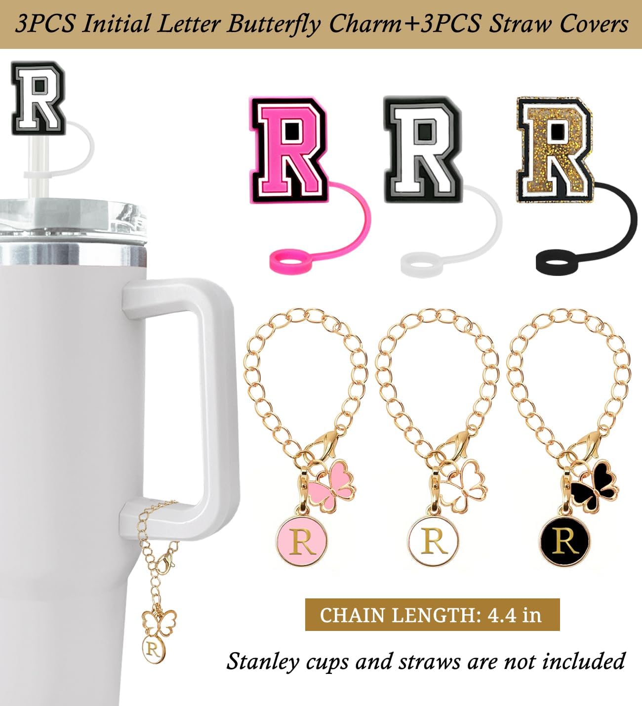 （3 +3) 3PCS Nuozme Straw Cover 10mm For Stanley Tumbler Cup Reusable Straw Cap Topper with 3 Initial Letter Charms Accessories Name ID Personalized Handle Charm For Stanley 30&40 Oz Cup Tumbler - Colors A