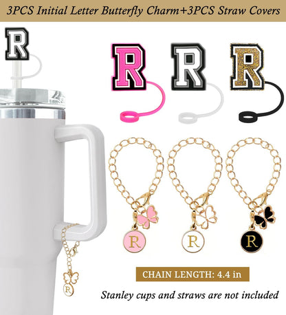 （3 +3) 3PCS Nuozme Straw Cover 10mm For Stanley Tumbler Cup Reusable Straw Cap Topper with 3 Initial Letter Charms Accessories Name ID Personalized Handle Charm For Stanley 30&40 Oz Cup Tumbler - Colors A
