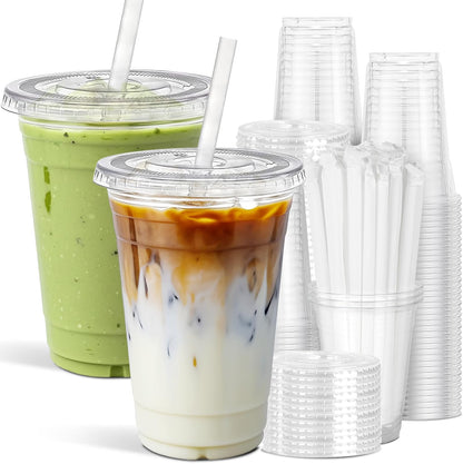 Ginkgo 32 oz Clear Plastic Cups with Lids and Jumbo Straws, Disposable To Go Iced Coffee Cups for Smoothie, Boba Milk Tea - 50 Pack