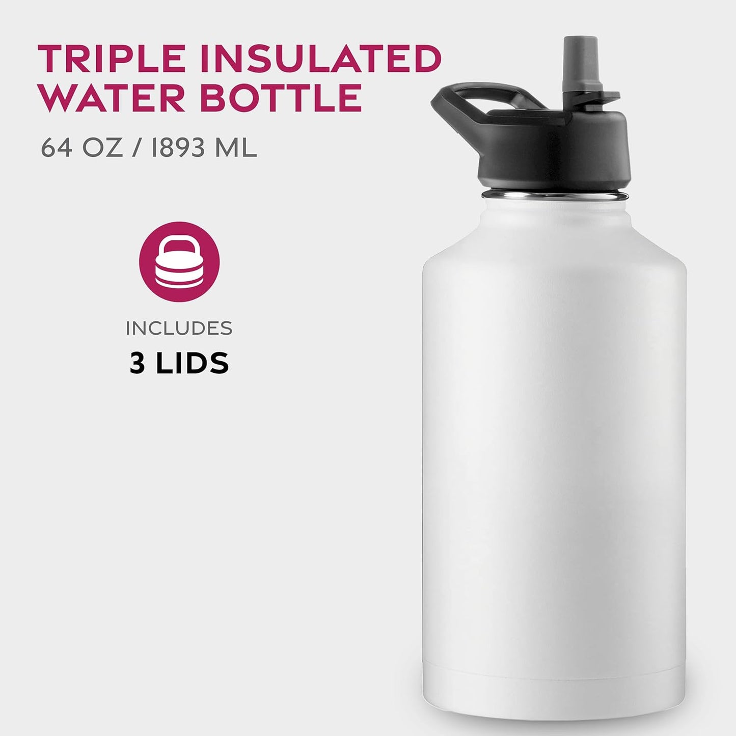 FineDine Water Bottle - Stainless Steel Insulated Water Bottle with Straw Lid, Flip Lid & Wide-Mouth Cap - Keeps Hot and Cold - 25 Oz / 739ml - Dreamy Purple