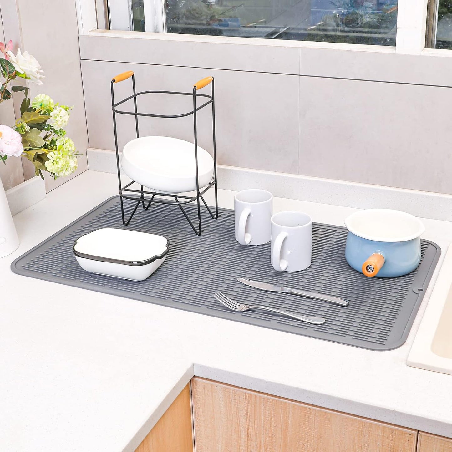 MicoYang Silicone Dish Drying Mat for Multiple Usage,Easy clean,Eco-friendly,Heat-resistant Silicone Mat for Kitchen Counter,Sink,Bar,Bottle,or Cup Green M 17 inches x 6 inches