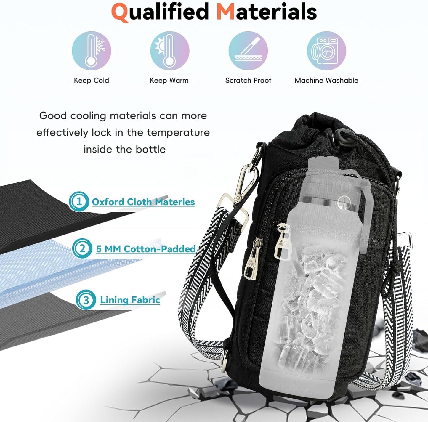 Water Bottle Carrier Bag with Strap, Sling Bag for Walking, Hiking, Cycling, Black, 40 Ounces