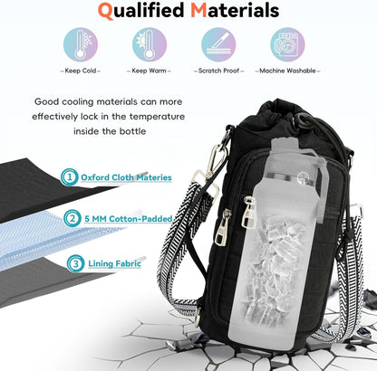 Water Bottle Carrier Bag with Strap, Sling Bag for Walking, Hiking, Cycling, Black, 40 Ounces