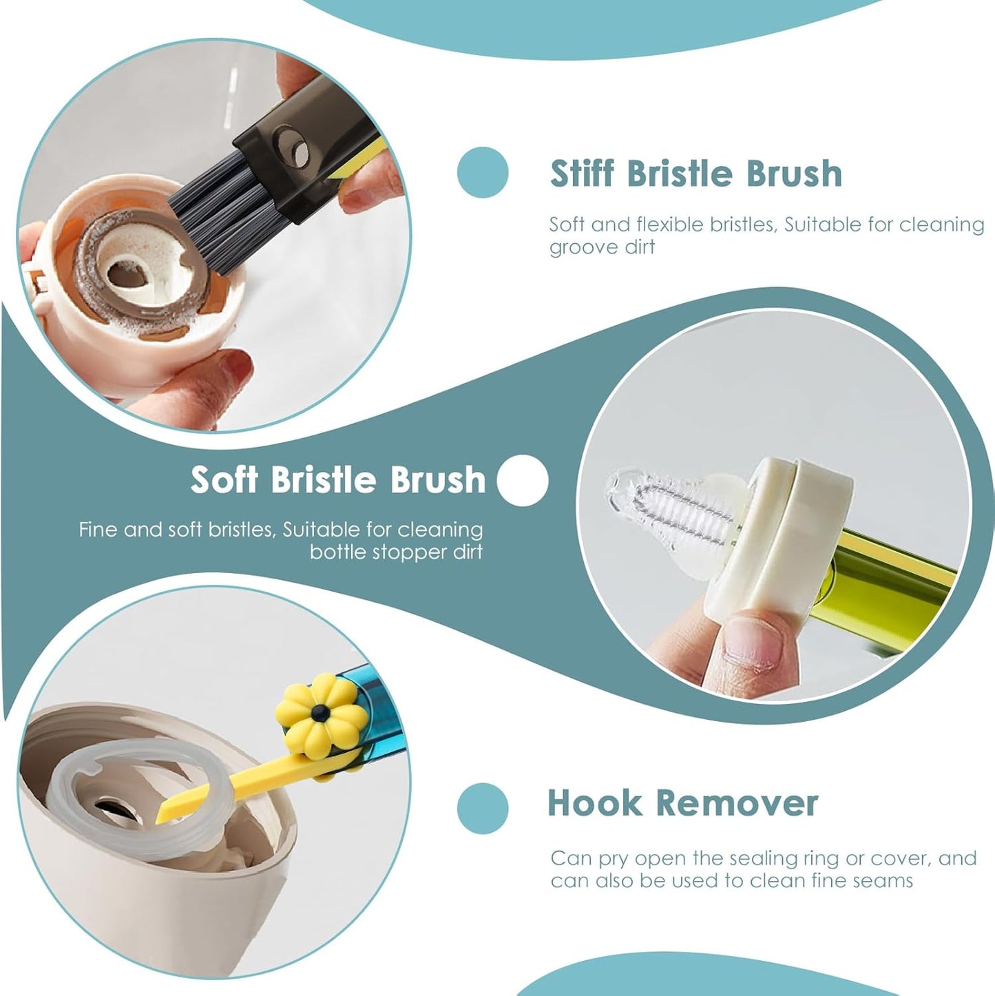 3 in 1 Cup Lid Cleaning Brush, 4PCS Multifunctional Crevice Cleaning Brush for Water Bottle Insulated Cup Tumbler Lid Groove Narrow Space Detail Cleaner Home Kitchen Gadgets