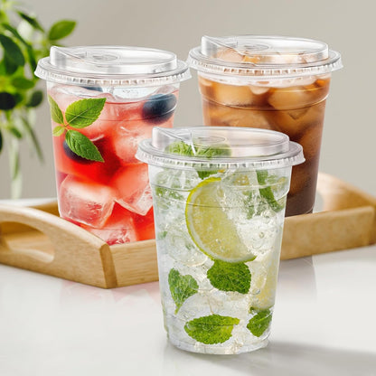 BYSNOW 100 Pack 16 oz Clear Plastic Cups with Lids, Disposable Iced Coffee Cups with Sip Lids, Sturdy Plastic Smoothie Cups for Cold Drinks