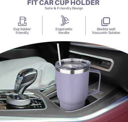 40 oz Tumbler with Handle, Insulated Tumbler with Lid and Straw, Reusable Stainless Steel Vacuum Insulated Cup, 100% Leak Proof Thermal Travel Coffee Mug Cup for Cold and Hot (Light Purple)